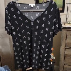 Calvin Klein Black Short Sleeve V-Neck Tee with White CK Logo Allover